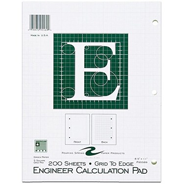 ROARING SPRING Graph Ruled Engineering Pad Engineering Graph Paper Pad 5x5 Grid to Edge 85 x 11 200 Sheets 3 Hole Punched Green Tinted Sheets Made in USA