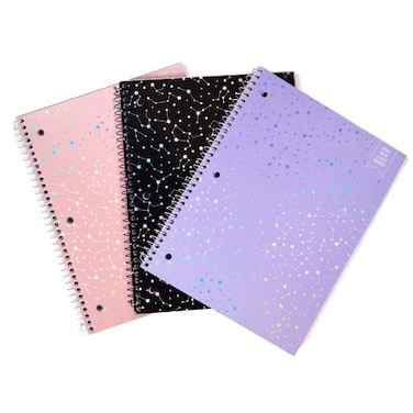 Yoobi College Ruled 8 x 105 Spiral Notebook Set 3Pack of 1 Subject Notebooks Pink Purple Black Celestial Patterns 150 Perforated 3Hole Punched Sheets