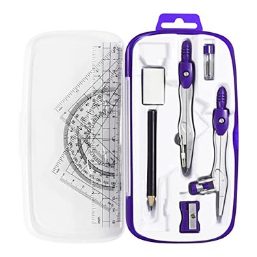 Unjoo Math Geometry Kit Sets 10 Piece Student Supplies with Shatterproof Storage BoxIncludes RulersProtractorCompassEraserPencil SharpenerLead RefillsPencilfor Drafting and DrawingsPurple