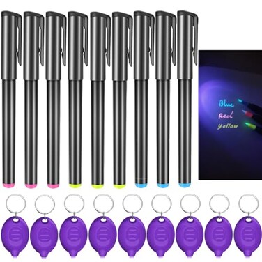Daemson Invisible Ink Pen Spy Pen with 9 PCS Mini UV Keychain Flashlight