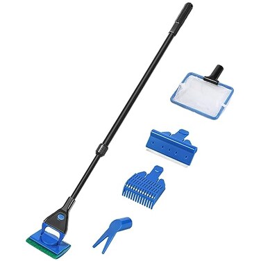 AQUANEAT Aquarium Cleaning Tools Fish Tank Cleaner Kit with Adjustable Long Handle 5 in 1 Set Including Fish Net Algae Scraper