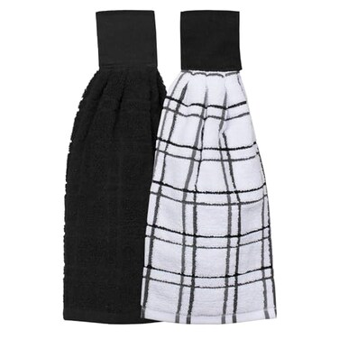 Ritz Premium 100 Cotton Solid and Multi Check Kitchen Tie Towel Absorbent Super Soft and Fast Drying Hang Towel Set of Two Black