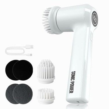 SonicPower Electric Spin Scrubber Handheld Ergonomic IPX7 Waterproof 4 MultiPurpose Brush Heads LongLasting Rechargeable Battery Cleans Dishes Bathroom Tile Grout Kitchen White