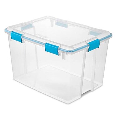Sterilite 80 Qt Gasket Box Stackable Storage Bin with Latching Lid and Tight Seal Plastic Container to Organize Basement Clear Base and Lid 1Pack