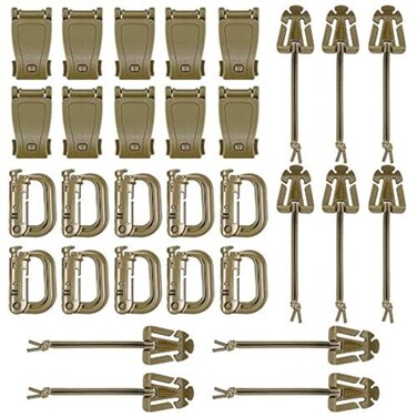 BOOSTEADY Kit of 30 Attachments for Molle Bag Tactical Backpack Vest BeltDRing Grimloc Locking Gear Clip Web Dominator Elastic Strings Strap Management Tool Buckle