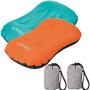 SUNYAO 2 Pack Set Ultralight Inflatable Camping Pillows with Compact Pouch Sack Ergonomic Pillow for Neck Lumbar Support While Camping BackpackingHiking