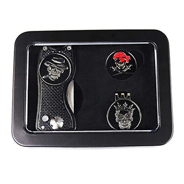 GOLTERS Golf Divot Tool Ball Markers Hat Clip Gift Sets in Tin Box Skull