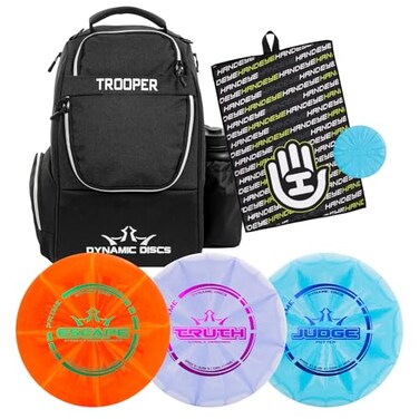 DÂ·D DYNAMIC Dynamic Discs Trooper Disc Golf Backpack Starter Set Prime Disc Golf Set of 3 Judge Truth Escape Prime Burst Base Plastic Ideal for Beginners Recreational Players Black