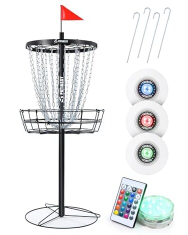 Patiassy Portable Disc Golf Basket 2412 Detachable Chains Disk Golf Target with Sound Reducer for Quiet Practice Night Practice Set with Remote LED Light 3 Light Up Discs 4 Ground Stakes