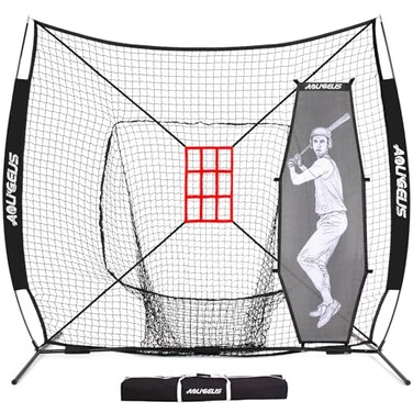 AOLIGEIJS 7X7 Baseball Softball Practice NetPitching NetBatting Netwith Baseball TeeBonus Strike Zone and Bow Framefor HittingPitching Catching Black Net Batter Dummy