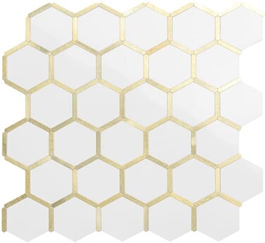 DICOFUN 1 Sheet Hexagon Peel and Stick Backsplash Tile Polished Marble Look Mixed Light Gold Kitchen Backsplash Peel and Stick Wall Tiles