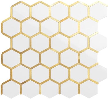 DICOFUN 1 Sheet Hexagon Peel and Stick Backsplash Tile Polished White Tile Look Mixed Gold Kitchen Backsplash Peel and Stick Wall Tiles