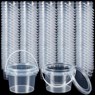 Maxcheck 100 Pcs Clear Containers Bulk with Lids and Handles Plastic Clear Storage Bucket Containers Mini Storage Case for Party DIY Art Craft Pigment Dough Cotton Candy Lotion Small Tools 10oz