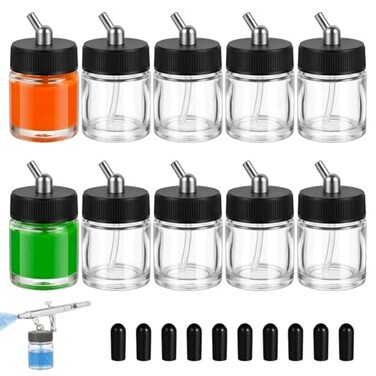 HUBEST 10 Pack 22cc 34 OZ Airbrush Glass Bottles 30 Down Angle Adapter Assemblies Includes 10 Extra Storage Caps Siphon Feed Paint Jars Compatible with Master Iwata Dual Action Airbrush