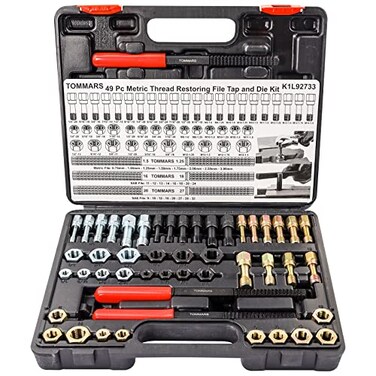 TOMMARS 49Piece Thread Chaser Set Repair Kit UNC UNF Metric with Taps Dies and Thread Files for Rethreading and Restoration