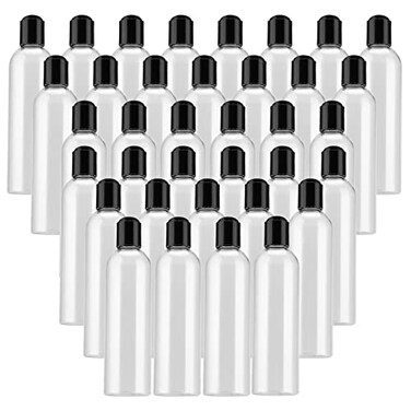 MUKLEI 40 Pack 8 Oz Plastic Bottles with Disc Top Caps Refillable Clear Travel Squeeze Lotion Bottles Containers with Black Bulk Disc Cap for Shampoo Body Wash Creams Soap