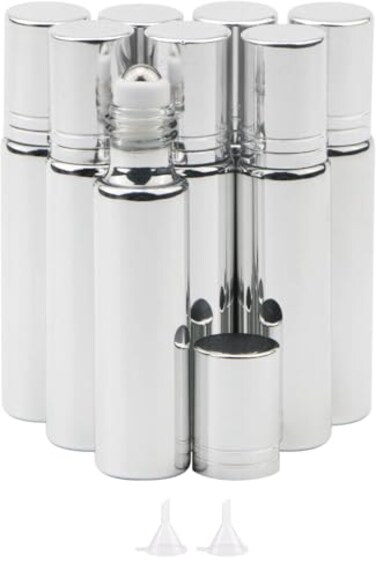 Ellbest 10ml Essential Oil Roller Bottle Portable Mini Cosmetic Perfume Rollerball Bottle Small Sample Container Rollon Bottles with Stainless Steel Balls FunnelsPack of 8Silver