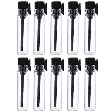 Teensery 100 Pcs Empty Perfume Sample Bottles Mini Glass Refillable Sample Vial Containers with Black Cap for Aromatherapy Essential Oil Fragrance and Liquid 1ml