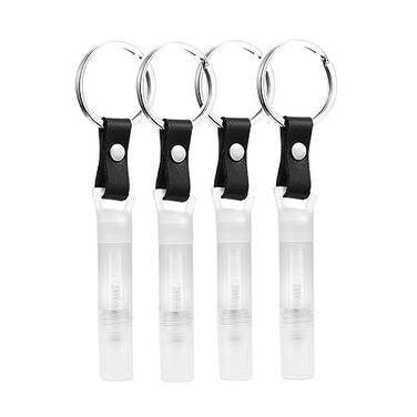 SHEEAST Mini Spray Bottle with Keychain 4pcs Mini Empty Refillable Perfume Plastic Spray Bottle 3ml White