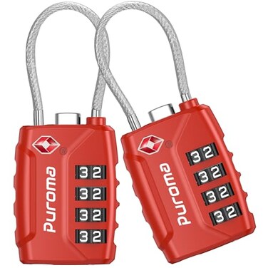 Puroma 2 Pack TSA Approved Luggage Lock 4 Digit Combination Travel Cable Locks Resettable Code Lock with Zinc Alloy Body for Suitcase Toolbox Backpack Bag Gym Locker Basic Red