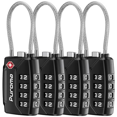 Puroma 4 Pack TSA Approved Luggage Locks 4 Digit Combination Travel Cable Locks Resettable Code Lock with Zinc Alloy Body for Suitcase Toolbox Backpack Bag Gym Locker Basic Black