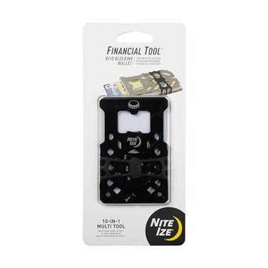 Nite Ize Financial Tool RFID Blocking Wallet Stainless Steel 10in1 DualPlated MultiTool Wallet Compact Wallet with Scraper Bottle Opener Flat Head Screwdriver More Black