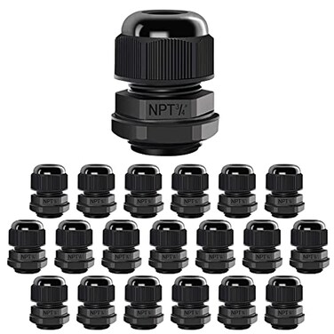 LeMotech 20 Pack NPT 34 Cable Glands Waterproof Adjustable 12518mm Cable Connectors Black Nylon Joints with Gaskets