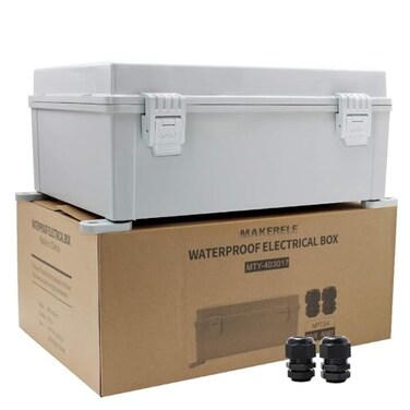 MAKERELE Outdoor electrical Box Weatherproof Includes Internal Mounting Panel 15711867 400 300 170mm Large Project Box For Electronics Hinged Cover Plastic Clip With 2 NPT 34 Glands
