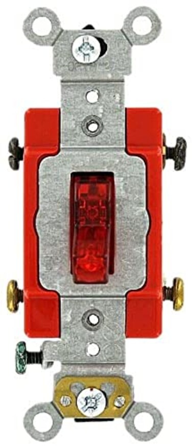Leviton 20 Amp 277 Volt Toggle Pilot Light Neutral DoublePole AC Quiet Switch Extra Heavy Duty Spec Grade Self Grounding Back and Side Wired 12227PR Red