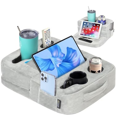 TabCouchCaddy Couch Cup Holder Tray Pillow Bed Couch Caddy Sofa RV Car Holds Drinks Snacks Remotes Phones Kindle Tablet Bed Cup Holder Grey