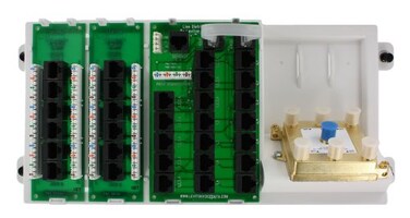 Leviton Structured Media Distribution Panel with 12Mod RJ45 Outputs 110 IDC Input and 2Cat5e VD ExpansionBoards 47606ASO