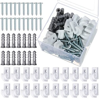 Oudain 32 Pack Down Wall Clips Closet Shelves Loop Clips Plastic Wire Wall Shelf Screws and Expansion Tubes White