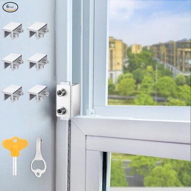 AUSWAUR Window Locks 6 Sets Window Locks Security with Key Adjustable Aluminum Sliding Window Security Safety Locks Child Proof Security Lock Stoppers for Vertical Horizontal Sliding Window