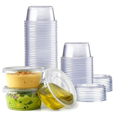 GUSTO 325 oz Jello Shot Cups with Lids 50 Count Clear Plastic Portion Containers Condiment Cups for Sauces Dressings Samples Durable Stackable LeakResistant Formerly Comfy Package
