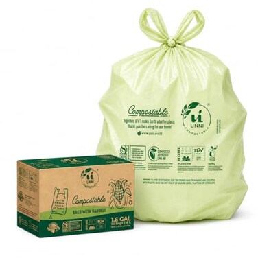 UNNI 16 Gallon Compostable Trash Bags with Tie Handles 50 Count Small Food Scrap Kitchen Compost Bags for Countertop Bin Certified by BPI CMA OK compost HOME Meets ASTM D6400
