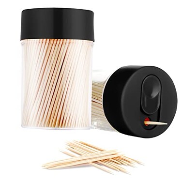TRTRin Bamboo Wooden Toothpicks 3000 CountWith 2Pack Reusable Toothpick Holder Sturdy Smooth Finish Tooth Picks For Appetizer Olive Barbecue Fruit Teeth Cleaning Toothpicks Black