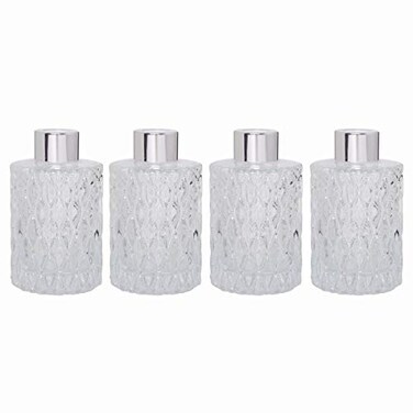 Hosley Set of 4 Mid Century Modern Glass Diffuser Bottles 4 Inch High Ideal for Use with Essential Oils Replacement Diffusers Reed Sticks Diy Crafts O3 Silver