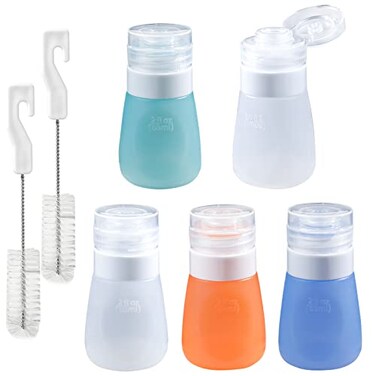 Webake 2oz Salad Dressing Container to Go 5 Pack Condiment Squeeze Bottles Silicone Sauce Bottles with 2pcs Cleaning Brush Leak Proof Mini Travel Containers