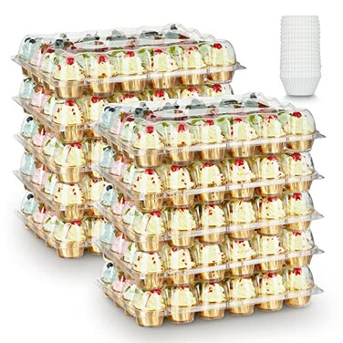 Gencywe 24 Pack x 10 Sets Stackable Cupcake Carrier Holders with 240 Pack Cupcake Liners Plastic Cupcake Boxes Holders for 24 Cupcakes High Tall Dome Lid Cupcake Containers Clear Cupcake Trays
