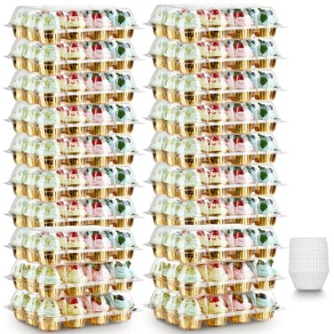 Gencywe 12 Pack x 20 Sets Stackable Cupcake Carrier with 240 Pack Liners Plastic Cupcake Boxes Holders for 12 Cupcakes High Tall Dome Lid Cupcake Containers Clear Disposable Cupcake Trays