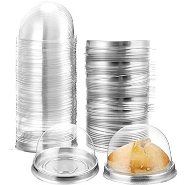 Patelai 150 Pcs Clear Plastic Mini Cupcake Container Mini Cupcake Box Muffin Dome Muffin Single Container Box for Wedding Birthday Cheese Pastry Dessert Cake Silver