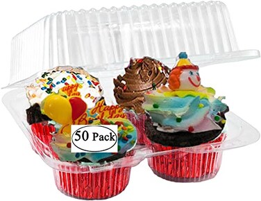 pizety Pizety 50 Pack 4 Cavity Strong Muffin Containers with Hinged 4 Compartment Boxes Clear Plastic Disposable Cupcake Holders