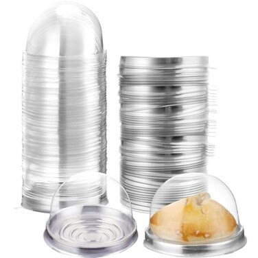 Patelai 50 Pcs Clear Plastic Mini Cupcake Container Mini Cupcake Box Muffin Dome Muffin Single Container Box for Wedding Birthday Cheese Pastry Dessert Cake Silver