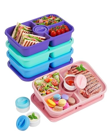 Canfanni 4 Pcs Bento Snack Box Containers 4 Compartment Divided Stackable Food Storage Containers with Lids Meal Prep Lunch Container with Sauce Cups