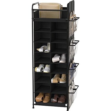 Simple Houseware 16 Cube Shoe Stand Tower Rack 8 Tier with Top Shelf and Side Hanging Pockets Black
