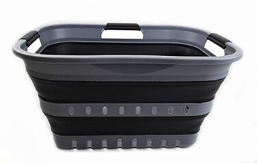 SAMMART 30L 8 Gallon Collapsible 3 Handled Plastic Laundry Basket Foldable Pop Up Storage ContainerOrganizer Space Saving HamperBasket GreyBlack