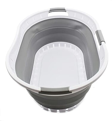 SAMMART 44L Collapsible Plastic Laundry Basket Foldable Pop Up Storage ContainerOrganizer Space Saving HamperBasket 1 WhiteGrey