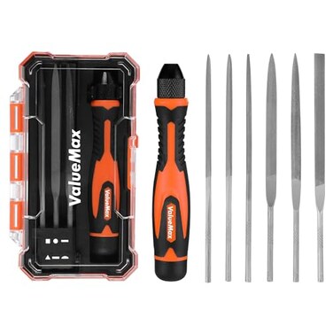ValueMax 7PCS Interchangeable Needle File Set Small File Set Includes Flat Flat Warding Round HalfRound Square Triangular File and A Handle Suitable for Shaping Metal Wood Jewelry Plastic