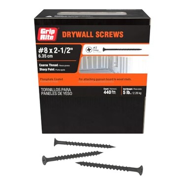 Grip-Rite GripRite Coarse Thread Drywall Screws 2 Phillips Bugle Head Sharp Point for Attaching Drywall to Wood Studs Phosphate Coated 5 Lb Box 8 X 212 Drywall Screws 212CDWS5
