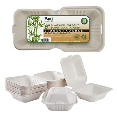 PAMI 50Pack 6x6 Biodegradable Bento Box Hamburger Containers Compostable Small Take out Boxes Made from Sugarcane Fibers